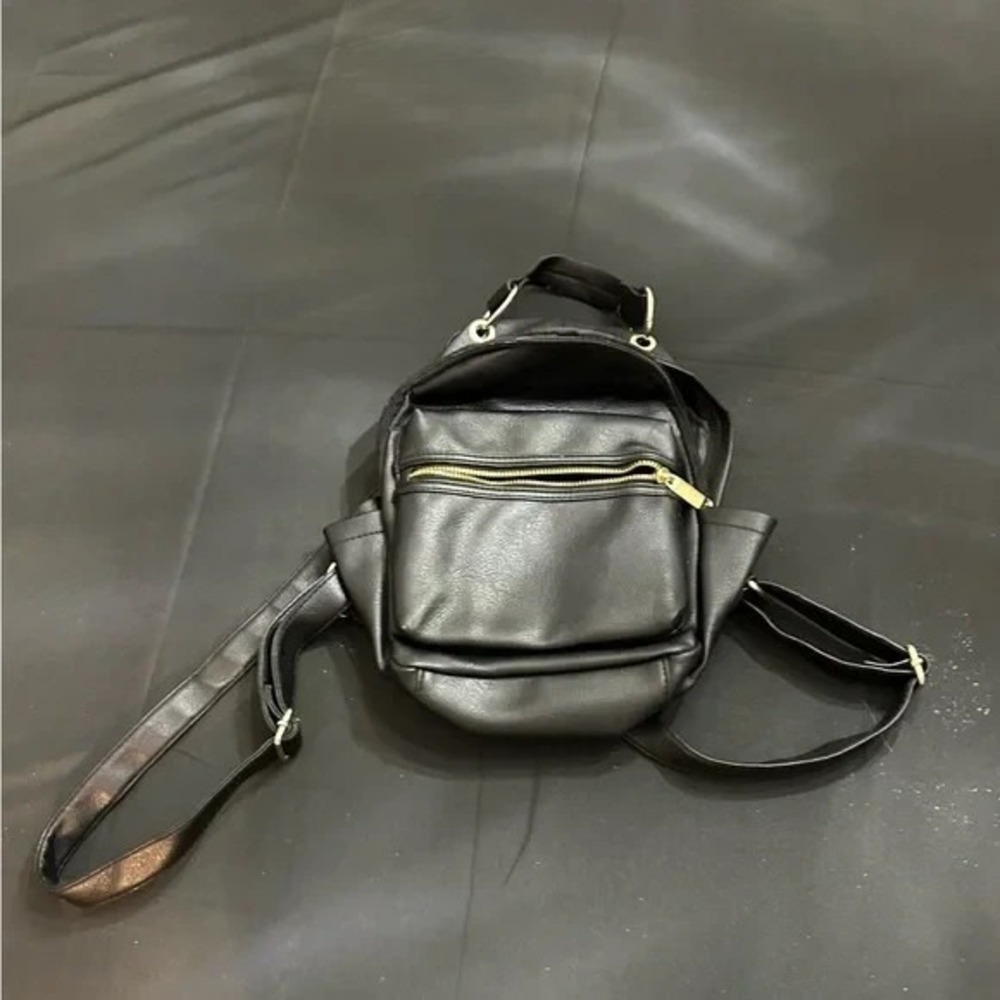 Black Faux Leather Mini Backpack Purse Gold Tone Zipper Adjustable Straps